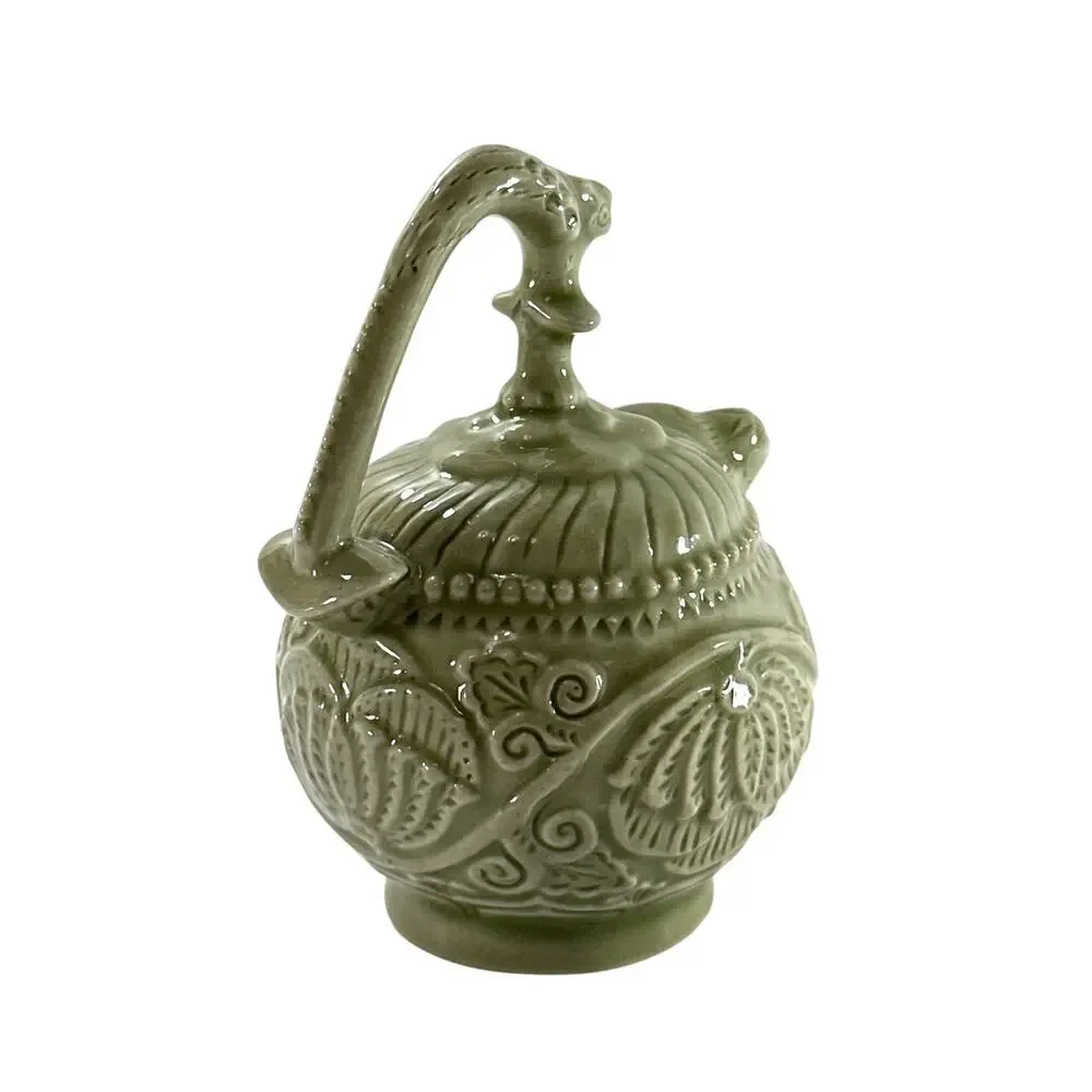 Vintage Chinese Celadon Bottom Filling Teapot Foo Dog Lotus Puzzle Pot 4”